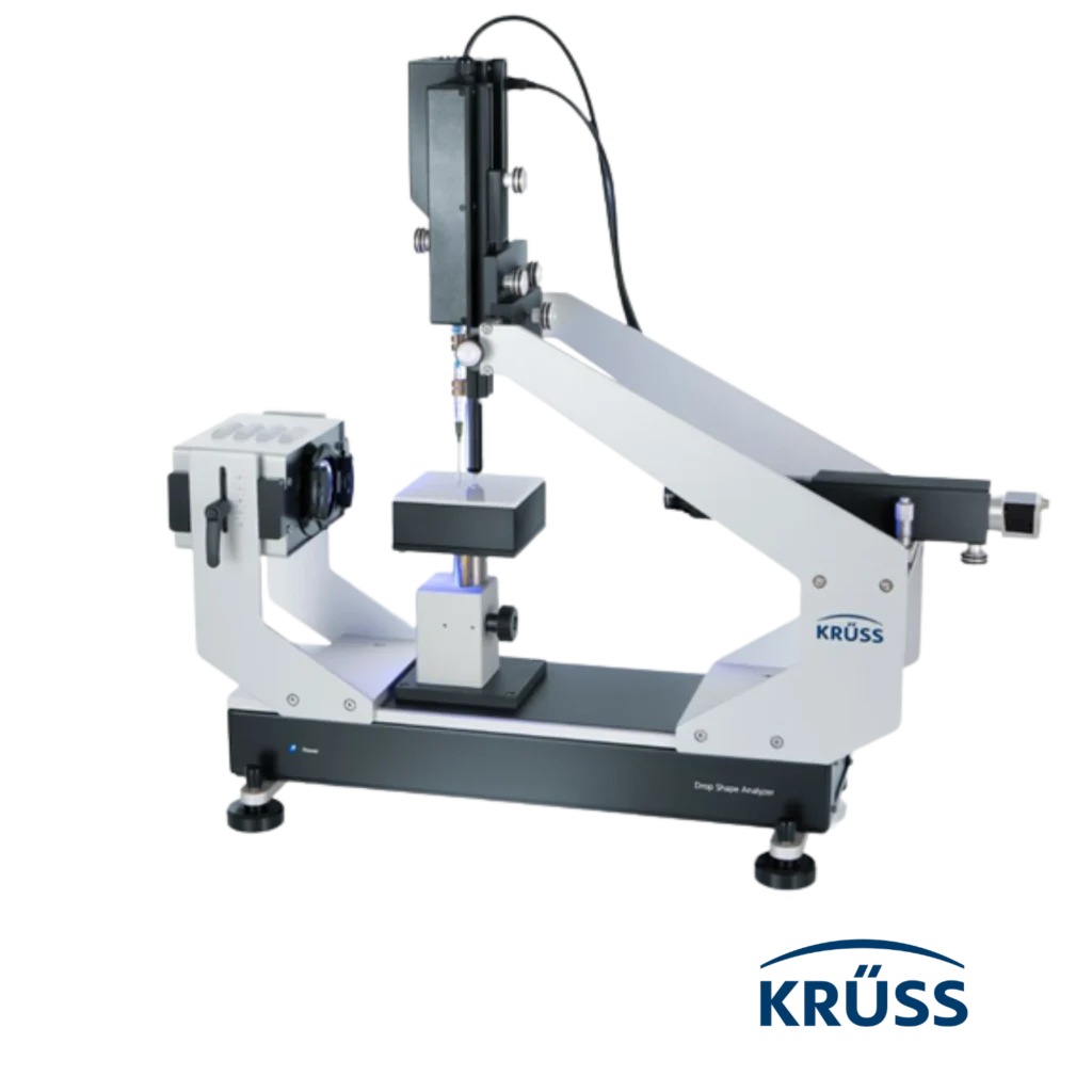 Analizador de gota DSA25E de Krüss Scientific mostrando medición de ángulo de contacto