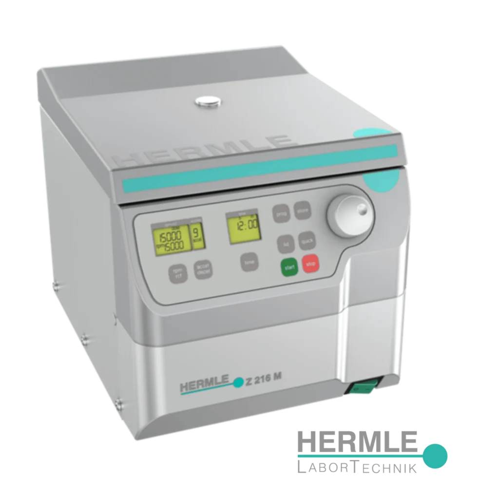 Centrífuga micro modelo Z 216 M de Hermle Labor Technik Alemania, velocidad máxima 15 000 rpm, volumen máximo 44 x 1,5/2,0 ml, control por microprocesador, rotores autoclavables.