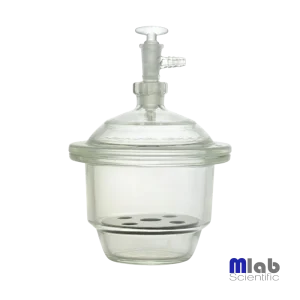 Desecador de vacío de vidrio MLAB con placa de porcelana, disponible en 210, 240 y 300 mm para aplicaciones de laboratorio.