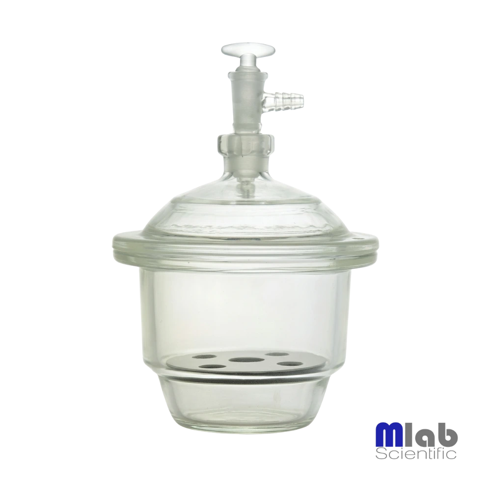 Desecador de Vacío de Vidrio MLAB con Placa de Porcelana 1 Desecador de vacío de vidrio MLAB con placa de porcelana, disponible en 210, 240 y 300 mm para aplicaciones de laboratorio.