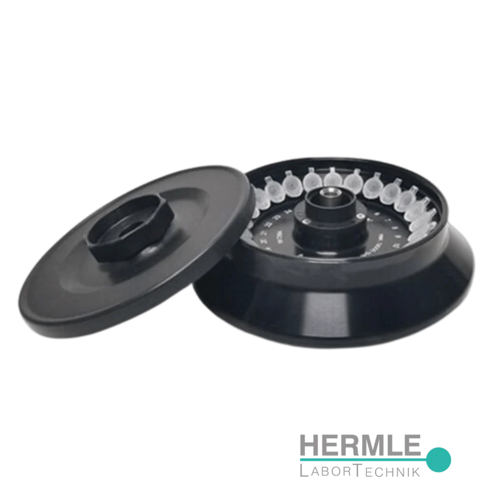 Rotor angular sello hermético 220.87 V19 de Hermle Labor Technik (Alemania) para centrifugación de 24 microtubos de 1,5/2,0 ml, velocidad máxima 15.000 rpm y RCF 21.379 x g.