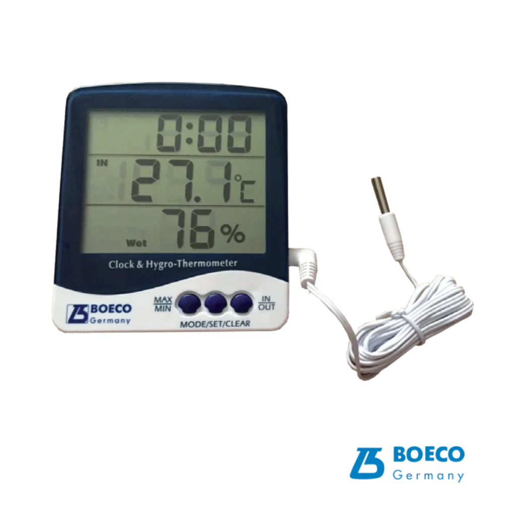 Termohigrómetro ambiental y reloj digital Boeco BOE 327 mostrando temperatura y humedad